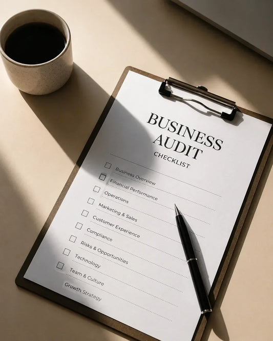 Business audit checklist with a pen and coffee