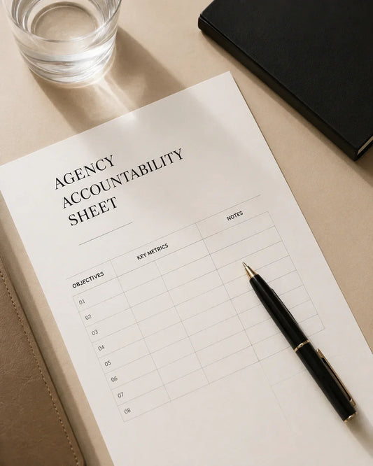 Agency accountability sheet with a pen and notebook